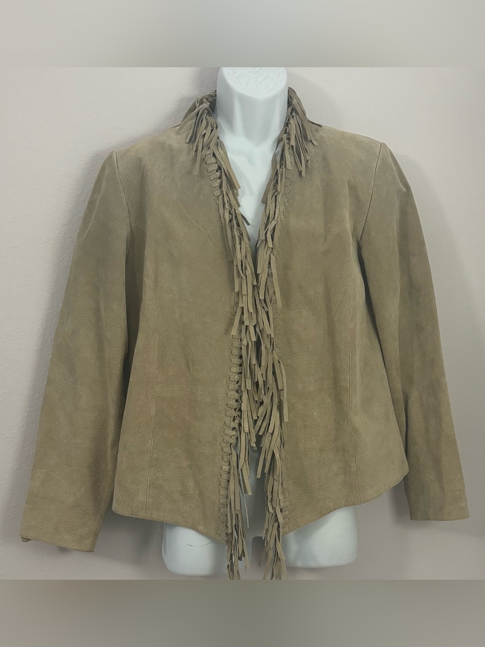 DIALOGUE Beautiful Beige/Tan 100% Suede Leather Jacket with Fringe Size S